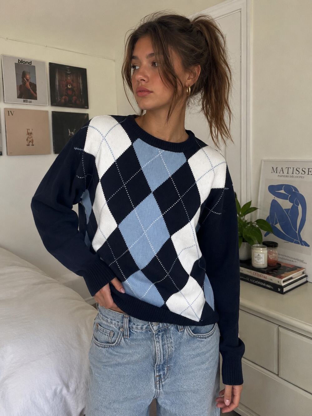 John Galt Argyle 100% Cotton Crewneck Sweater NWT One Size